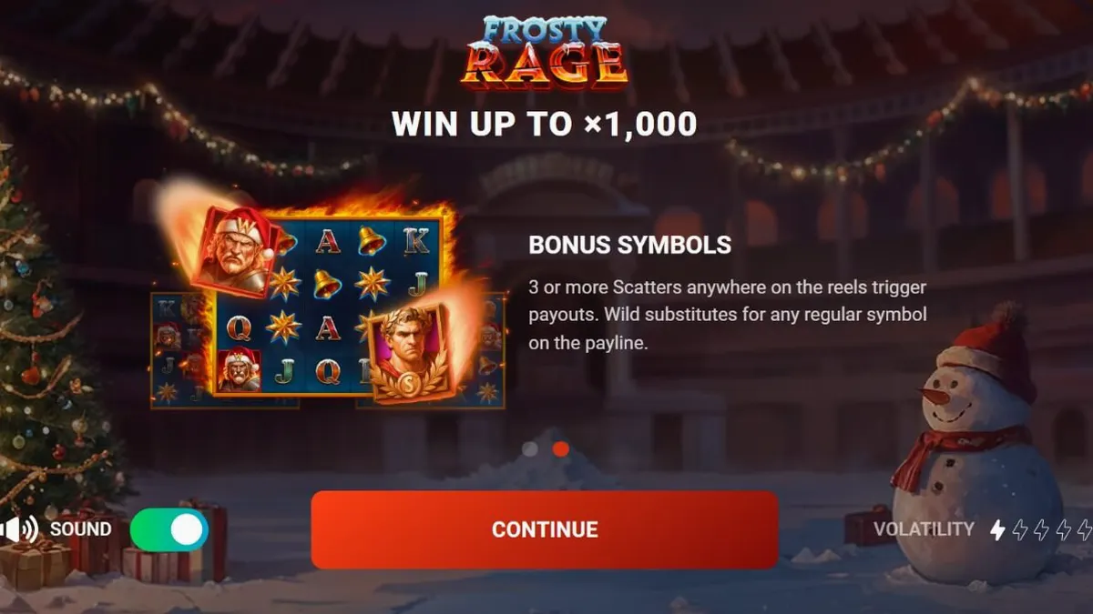 Frosty Rage slot game interface with festive gladiator theme